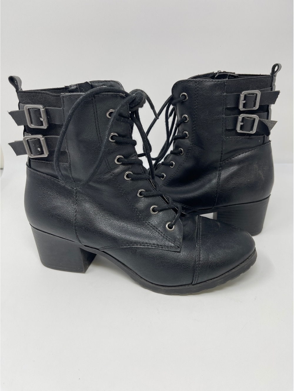 Brash Womens Black Faux Leather Lace Up Combat Ankle Boots Buckle Heel Size 6.5